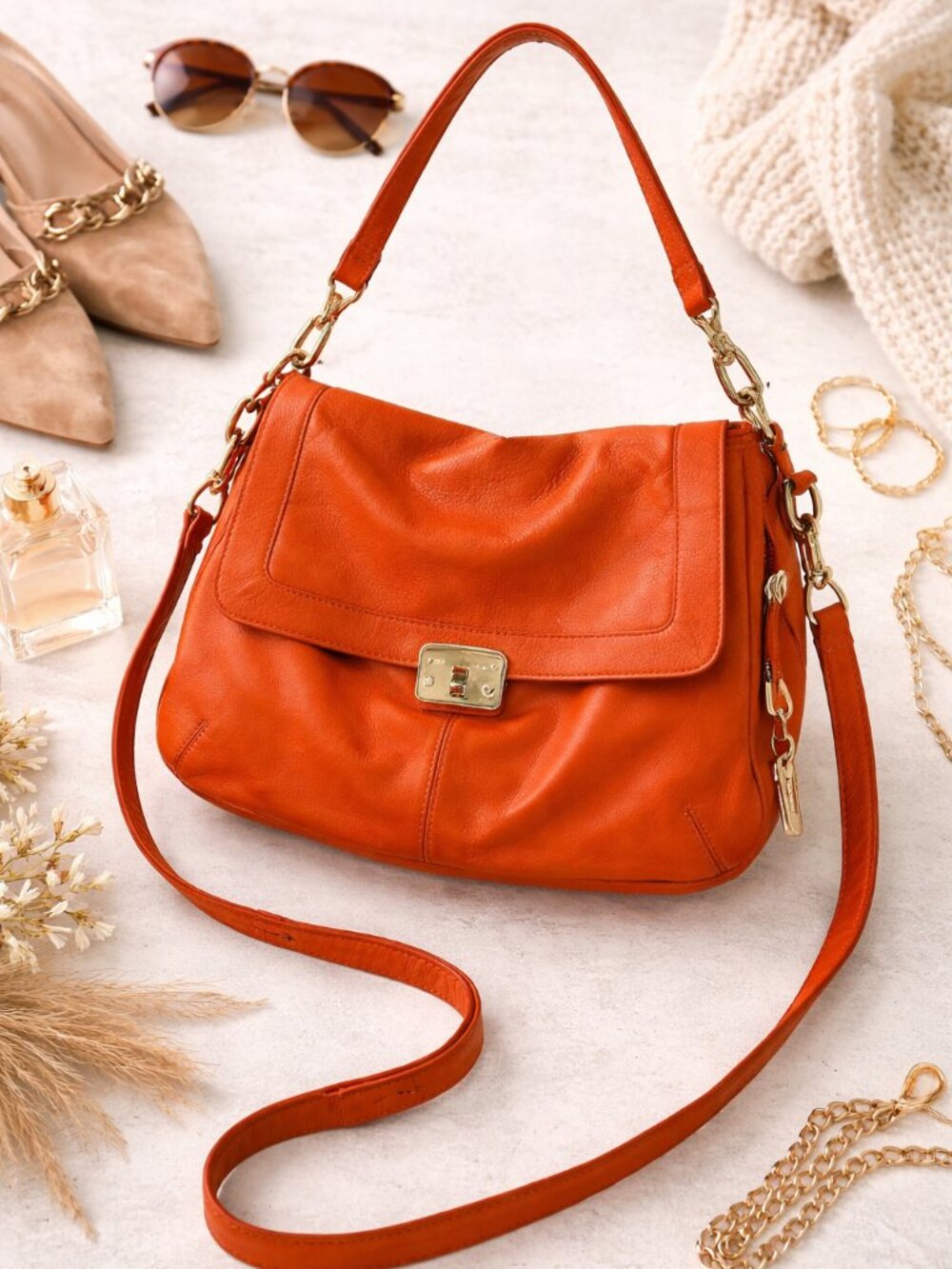 🔥 STATEMENT Rebecca Minkoff Orange Leather Crossbody | Gold Lock Key Convertibl